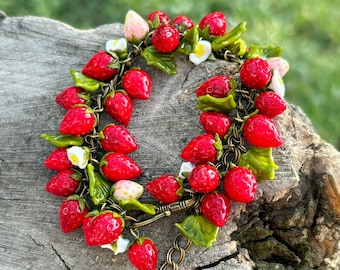 Lucky Wild Strawberry Bracelet, Handmade, Bronze, Murano Glass, Lampwork