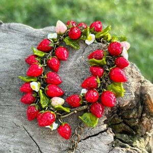 Lucky Wild Strawberry Bracelet, Handmade, Bronze, Murano Glass, Lampwork