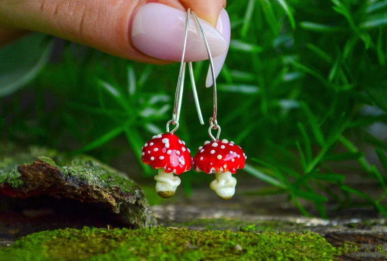 Red Mushroom Earrings, Murano Glass, Lampwork image 8