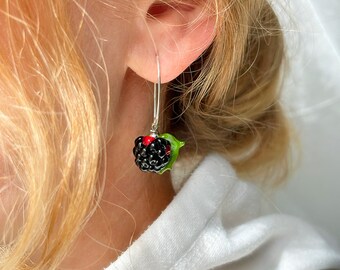 Summer Berries Earrings, Blackberry Earrings, Sterling Silver, Murano Glass