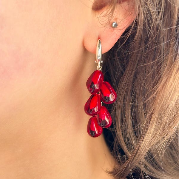 Pomegranate Seed Earrings, Handmade, Fruit Earrings, Murano Glass, 925 Sterling Silver, Lampwork