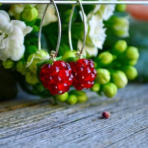 Raspberry Earrings, Glass Berries, Drop Earrings, Food Earrings, Murano Glass, Lampwork red raspberry