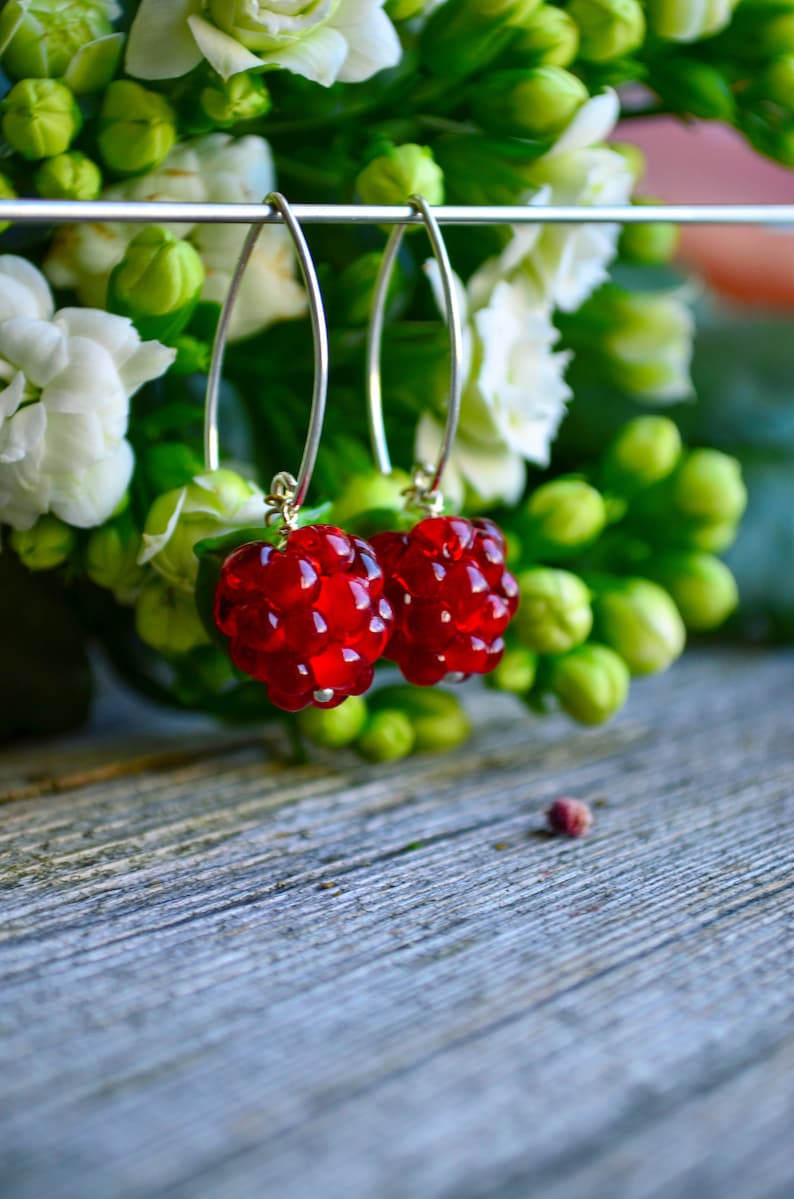 Raspberry Earrings, Glass Berries, Drop Earrings, Food Earrings, Murano Glass, Lampwork red raspberry