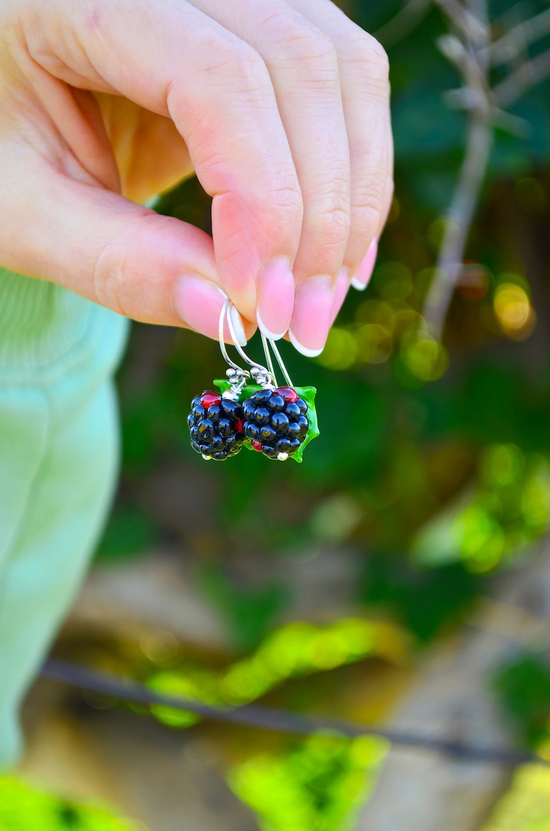 Raspberry Earrings, Glass Berries, Drop Earrings, Food Earrings, Murano Glass, Lampwork #1 blackberry