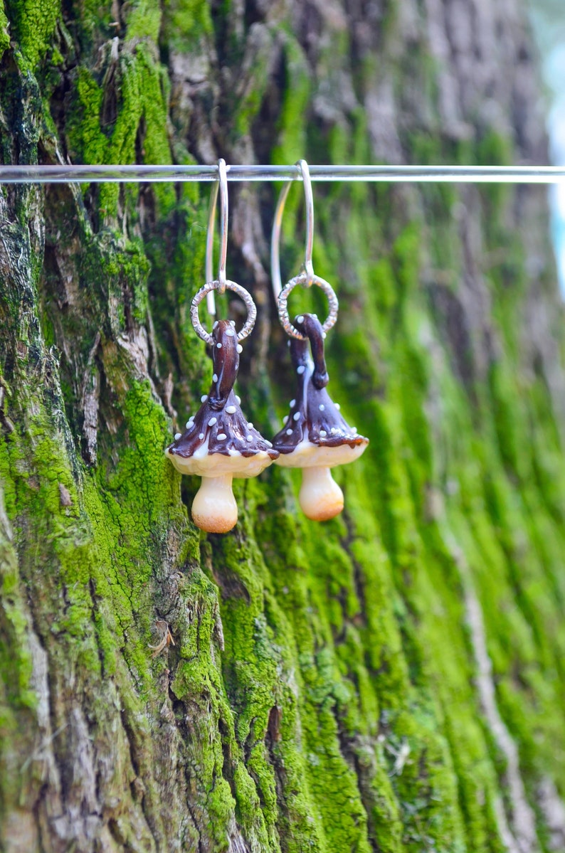 Mushroom Earrings, Autumn Earrings, Murano Glass, Lampwork Mushroom earrings