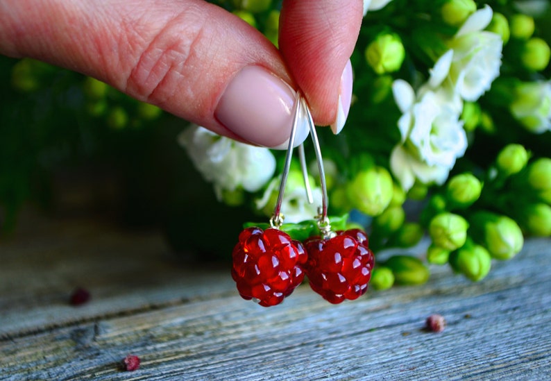 Raspberry Earrings, Glass Berries, Drop Earrings, Food Earrings, Murano Glass, Lampwork image 9