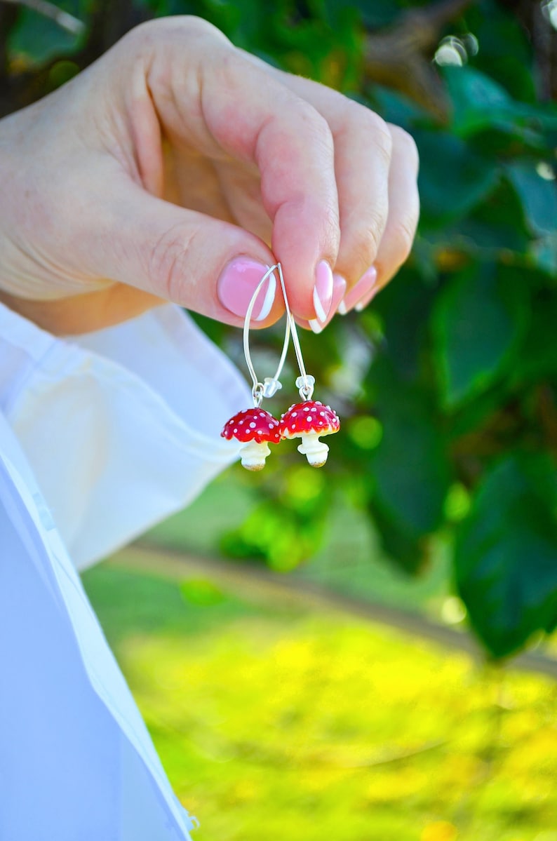 Red Mushroom Earrings, Murano Glass, Lampwork image 1