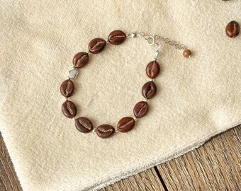 Lucky Coffee Bean Bracelet, Handcrafted, 925 Sterling Silver, Murano Glass, Lampwork