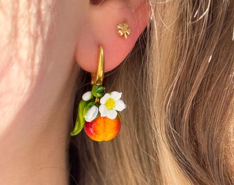 Lucky Peach Blossom Earrings, 925 Sterling Silver, Murano Glass, Handcrafted, Lampwork