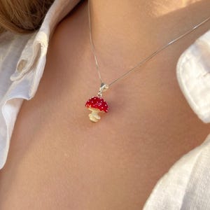 Lucky Mushroom Charm Necklace, Handmade, Sterling Silver, Murano Glass, Lampwork