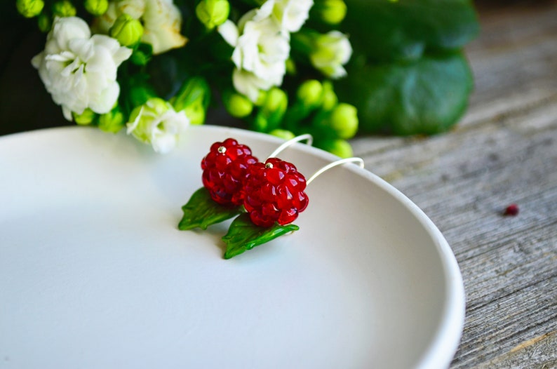 Raspberry Earrings, Glass Berries, Drop Earrings, Food Earrings, Murano Glass, Lampwork image 5