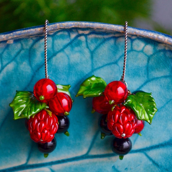 Raspberry Earrings, Black Currant Earrings, Statement Earrings, Murano Jewelry, Gift For Women, Mother's Gifts, Gift For Her