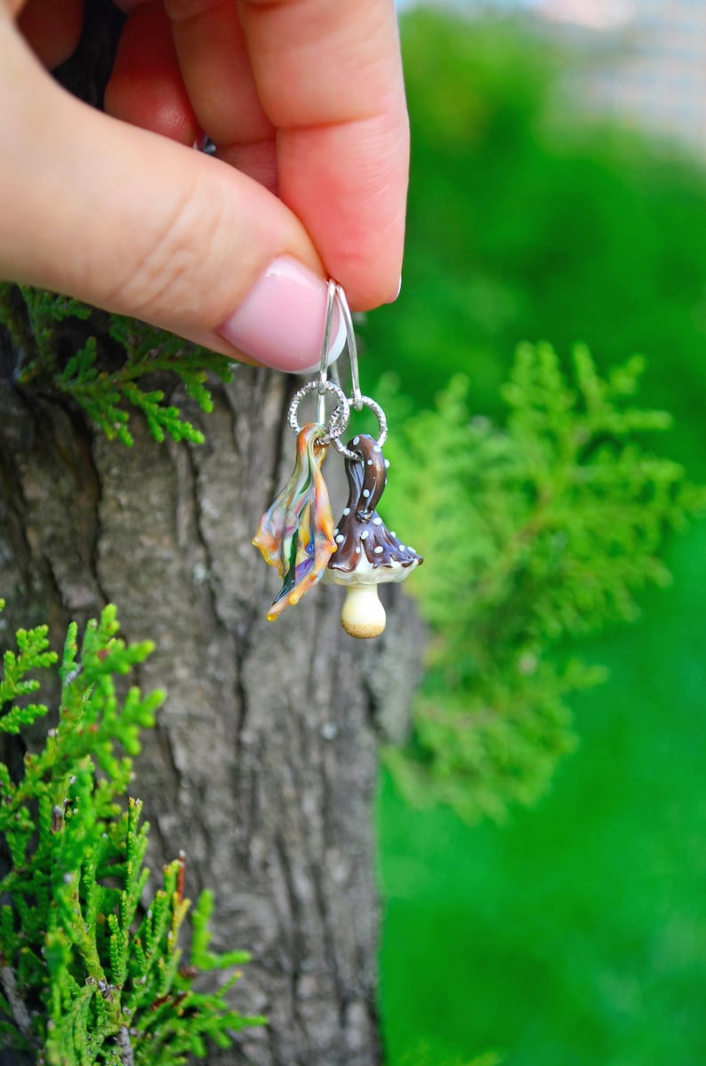 Mushroom Earrings, Autumn Earrings, Murano Glass, Lampwork #2 mismatched