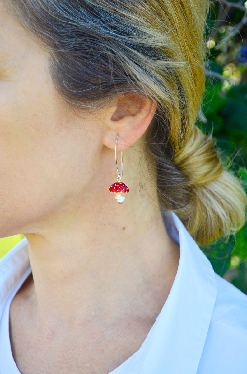 Red Mushroom Earrings, Murano Glass, Lampwork image 2