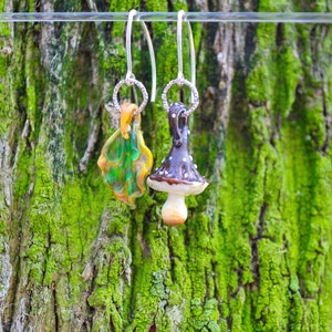 Mushroom Earrings, Autumn Earrings, Murano Glass, Lampwork #1 mismatched