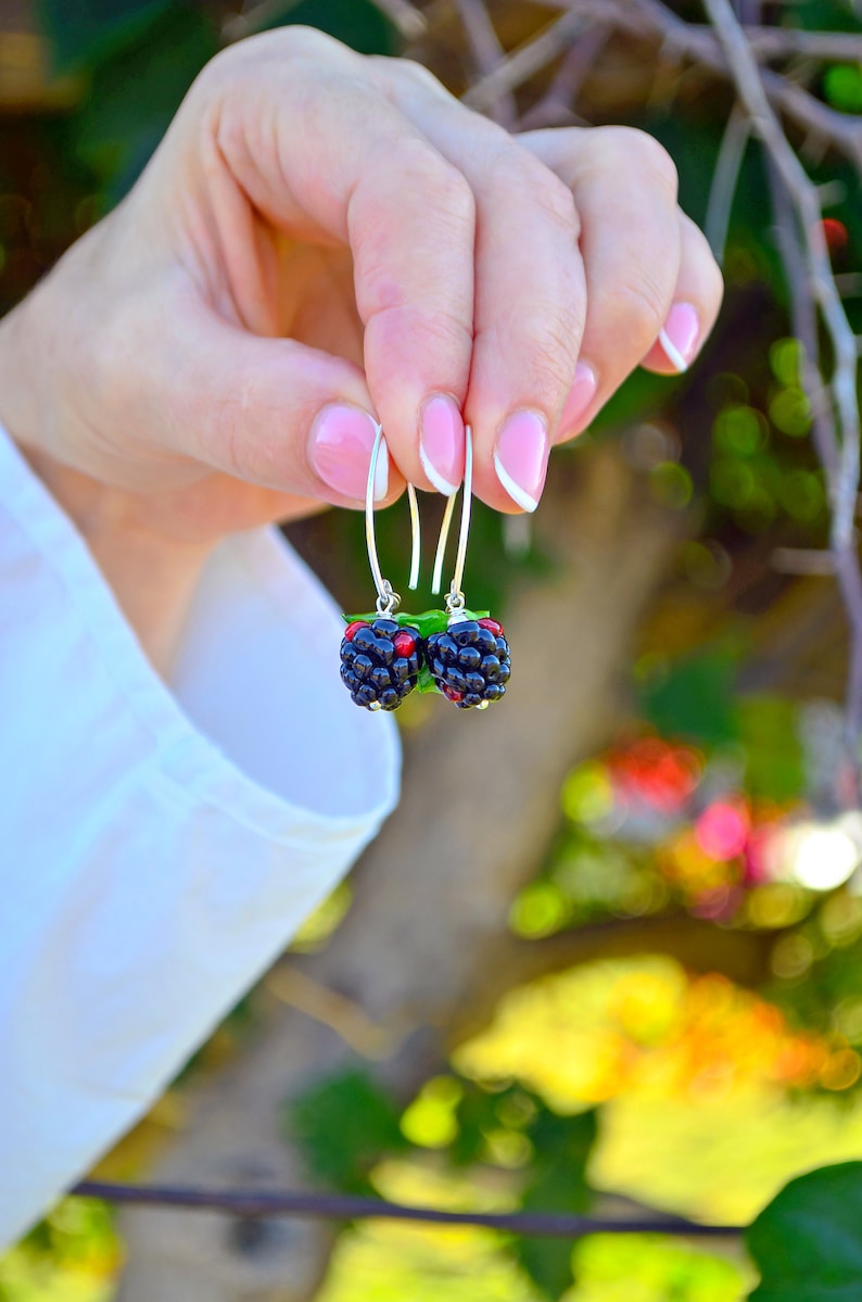 Raspberry Earrings, Glass Berries, Drop Earrings, Food Earrings, Murano Glass, Lampwork image 8