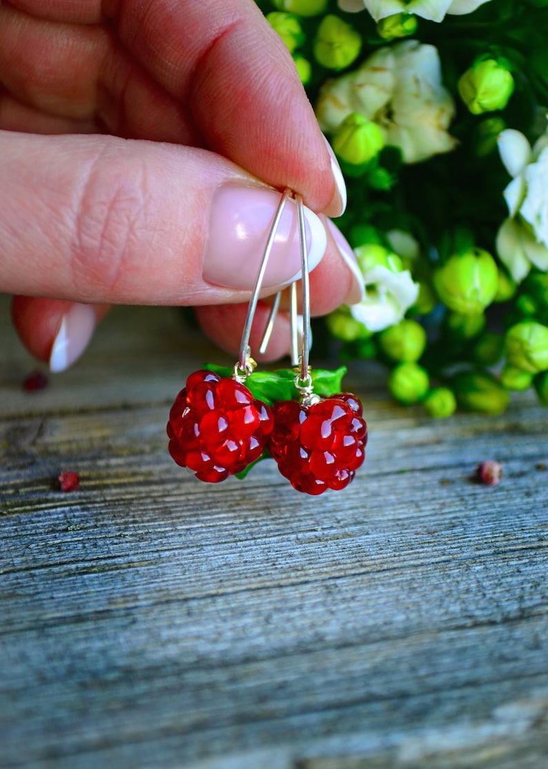 Raspberry Earrings, Glass Berries, Drop Earrings, Food Earrings, Murano Glass, Lampwork image 1