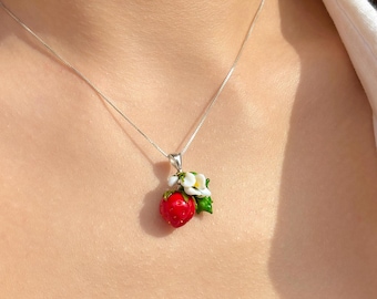 Lucky Strawberry Necklace, Handmade, 925 Sterling Silver, Murano Glass, Lampwork