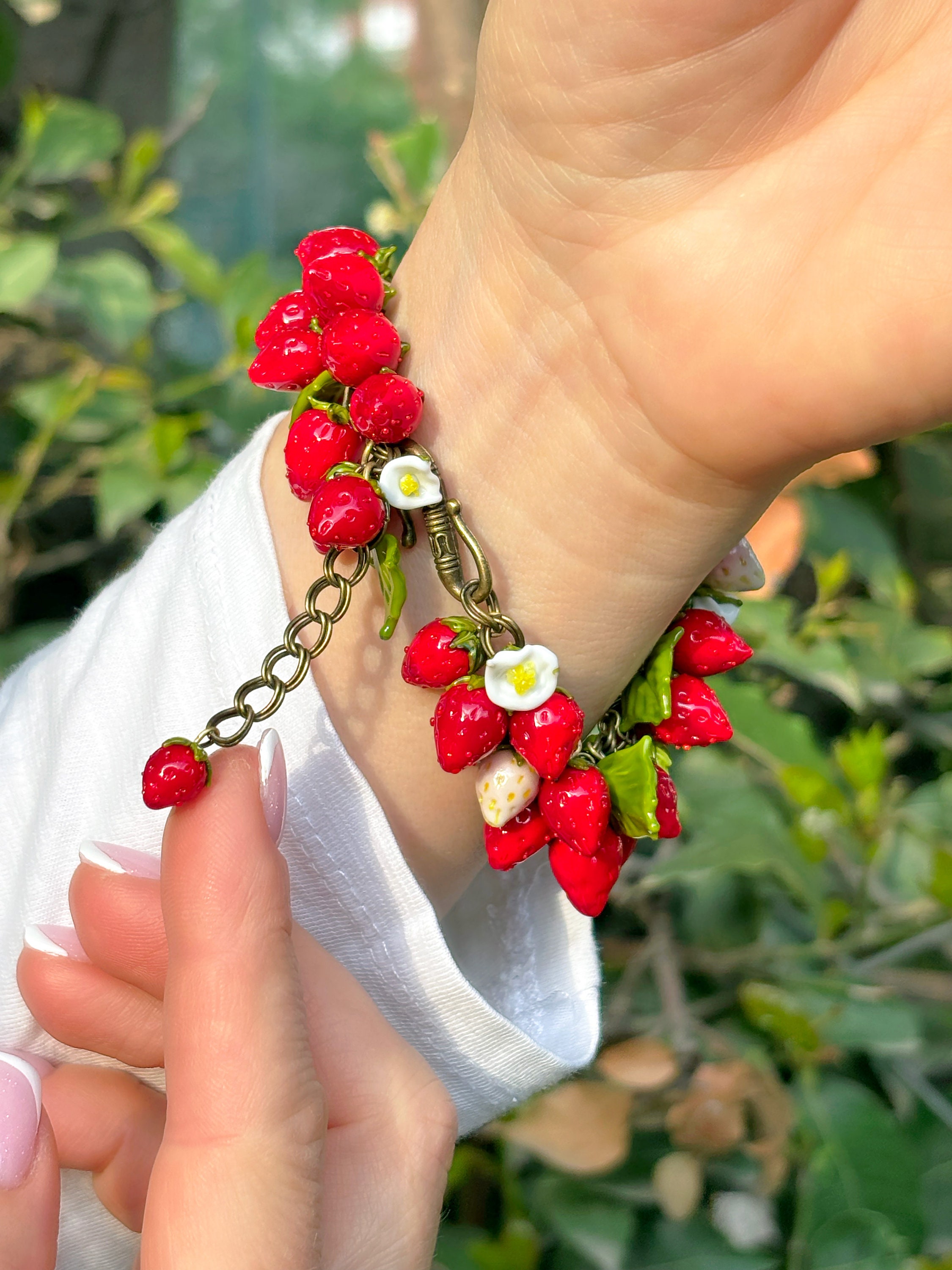Lucky Wild Strawberry Bracelet, Handmade, Bronze, Murano Glass, Lampwork