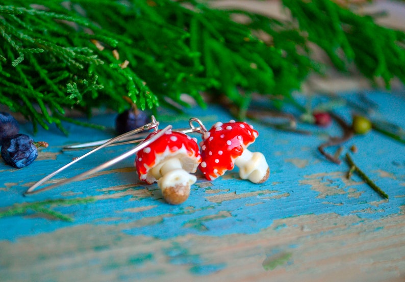 Red Mushroom Earrings, Murano Glass, Lampwork image 6