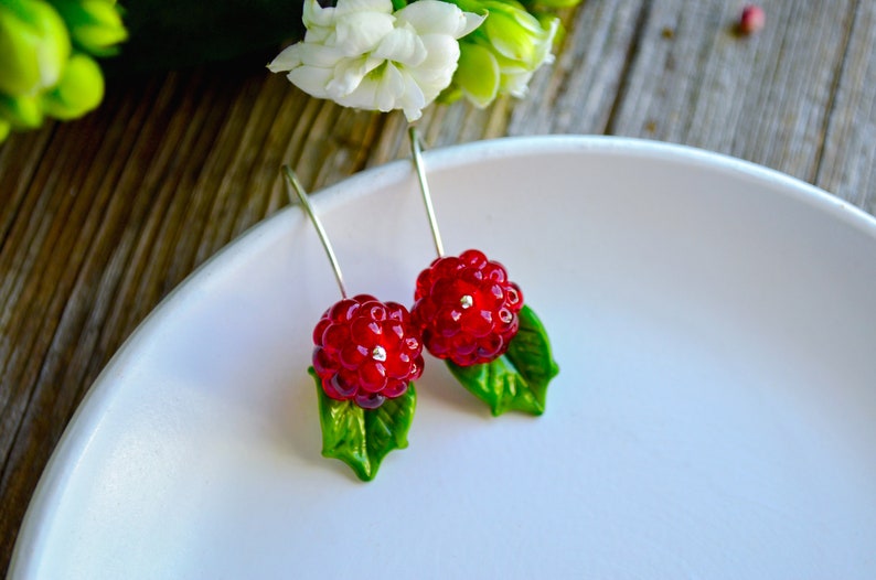 Raspberry Earrings, Glass Berries, Drop Earrings, Food Earrings, Murano Glass, Lampwork image 7