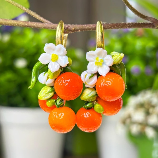 Lucky Orange Blossom Earrings, 925 Sterling Silver, Murano Glass, Handcrafted, Lampwork