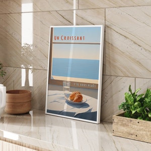 French Cafe Croissant Ocean Print, Cartel de bebida retro, Carteles de café bistró, Un Cafe Sil Vous Plait, Decoración de cocina, Carteles únicos