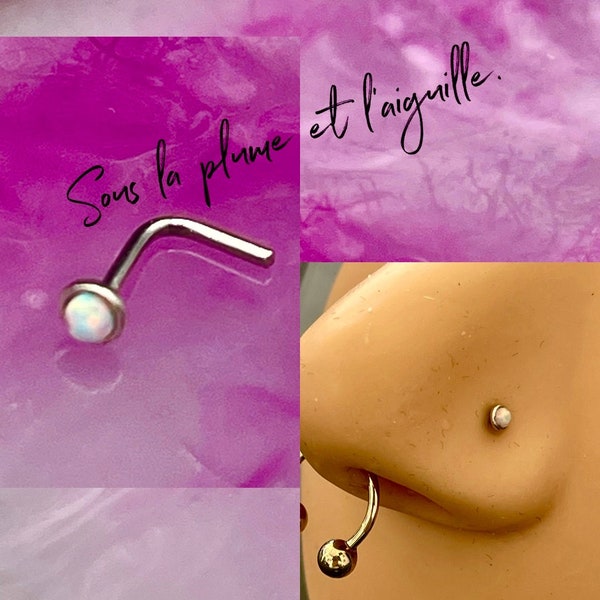 Piercing nez en or blanc 14k et opaline blanche avec reflet (20G) Taille : 0,8 mm.