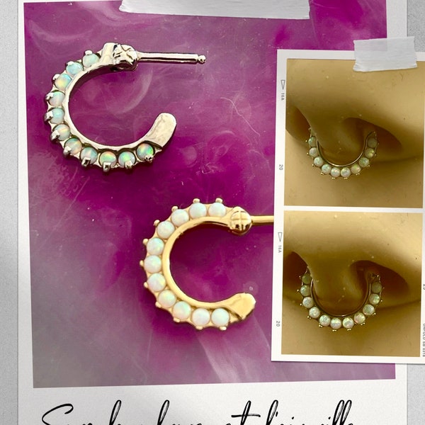 Septum  à charnière or blanc ou jaune 14 carats avec opale blanche avec reflet bleu, rose.