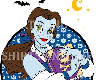 May include: A blue-skinned, stitched-up cartoon character with brown hair, wearing a white dress and holding a purple book with a skull and crossbones on the cover. The background is blue with a pattern of white stars and orange jack-o-lanterns.