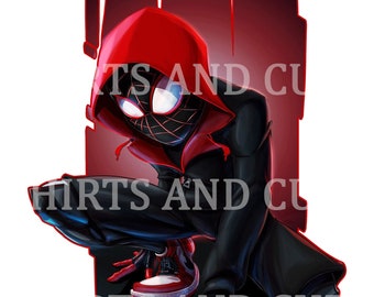 May include: A red and black superhero character with a red hooded jacket and black pants. The character is in a crouching pose with one leg bent and the other leg extended. The character is wearing red and white sneakers.
