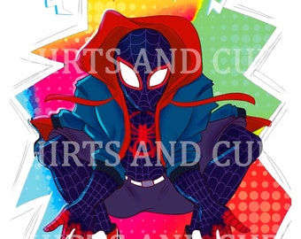 May include: A digital illustration of Spider-Man wearing a red and blue hoodie with a black and red spider web design. He is wearing red and white sneakers and is standing in a colorful comic book style background.
