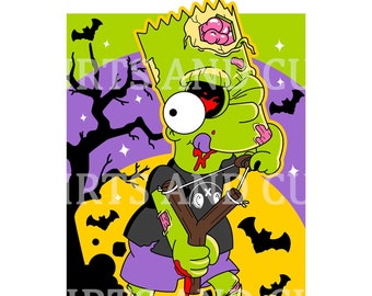 May include: A green zombie cartoon character with one eye and a bloody mouth holding a slingshot. The character is wearing a black shirt with a skull and crossbones, purple shorts, and black shoes. The background is a yellow moon with bats flying around it.