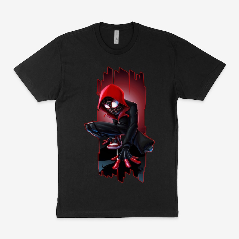 May include: Black t-shirt with a graphic of Miles Morales, Spider-Man, in a red and black suit, crouching with his arms outstretched. The background is a red and black abstract design.