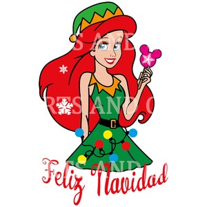 May include: A cartoon illustration of a red-haired woman dressed as an elf for Christmas. She is wearing a green elf dress with a yellow belt and a green elf hat with a yellow trim. She is holding a pink Mickey Mouse-shaped lollipop with a snowflake on it. The text "Feliz Navidad" is written in red below her.