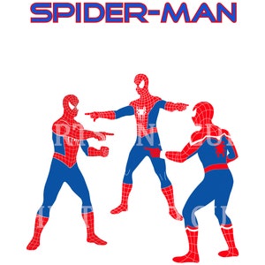 Puede incluir: Tres figuras de Spider-Man, rojas y azules, se encuentran en un círculo, señalándose entre sí. El texto "SPIDER-MAN" está en la parte superior de la imagen.