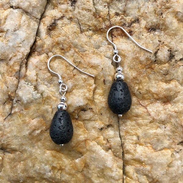 Black Lava Stone Teardrop Earrings with Sterling Silver Ear Hooks