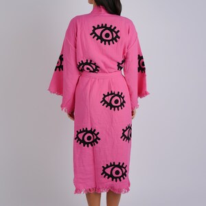 Handmade Evil Eye Boho Festival Kimono, Boho Beachwear, Bathrobe, Spa Robe, Barbie Pink Robe, Cardigan, Beachwear Cover up, Dressing gown image 3