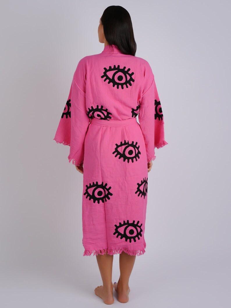 Handmade Evil Eye Boho Festival Kimono, Boho Beachwear, Bathrobe, Spa Robe, Barbie Pink Robe, Cardigan, Beachwear Cover up, Dressing gown image 3