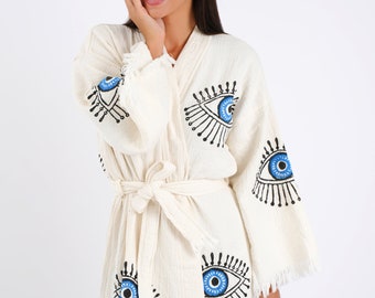 Handmade Evil Eye Boho Festival Kimono, Boho Beachwear, Bathrobe, Spa Robe, Morning Robe, Boho Cardigan, Beachwear Cover up, Dressing gown