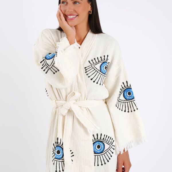 Handmade Evil Eye Boho Festival Kimono, Boho Beachwear, Bathrobe, Spa Robe, Morning Robe, Boho Cardigan, Beachwear Cover up, Dressing gown