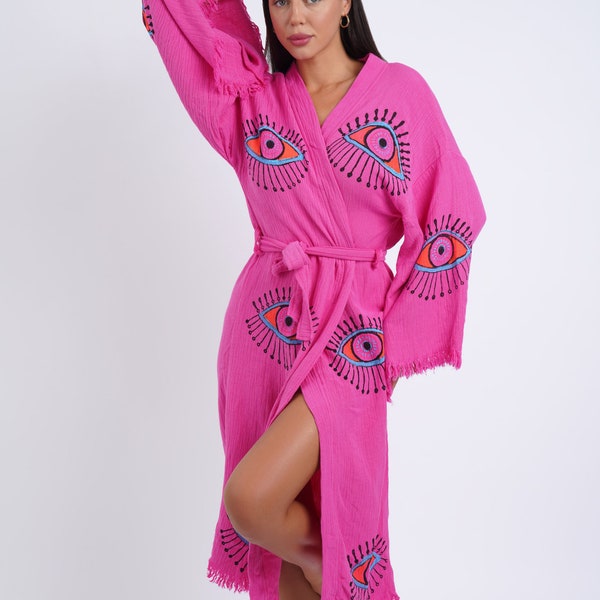 Handmade Evil Eye Boho Festival Kimono, Boho Beachwear, Bathrobe, Spa Robe, Barbie Pink Robe, Cardigan, Beachwear Cover up, Dressing gown