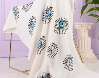 Handmade Evil Eye Beach Towel, Evil Eye Pareo, Boho Beachwear, 100% Organic Cotton Muslin, Beach Cover up, Evil Eye Towel, Beach Blanket