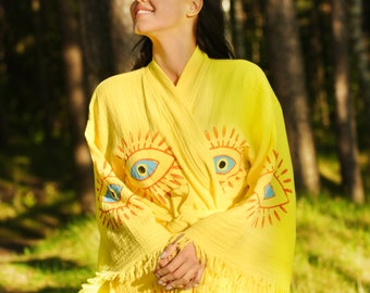 Handmade Evil Eye Boho Festival Kimono, Boho Beachwear, Bathrobe, Spa Robe, Yellow Robe, Cardigan, Beachwear Cover up, Dressing gown