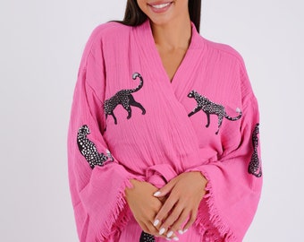 Handmade Leopard Boho Festival Kimono, Boho Beachwear, Bathrobe, Spa Robe, Barbie Pink Robe, Cardigan, Beachwear Cover up, Dressing gown