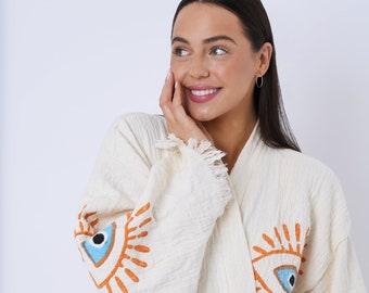 Handmade Evil Eye Boho Festival Kimono, Boho Beachwear, Bathrobe, Spa Robe, Morning Robe, Boho Cardigan, Beachwear Cover up, Dressing gown