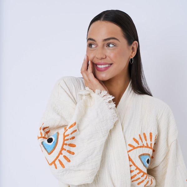 Handgemachte Evil Eye Boho Festival Kimono, Boho Beachwear, Bademantel, Spa Robe, Morgen Robe, Boho Cardigan, Beachwear Cover up, Hausmantel