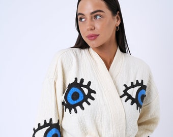 Handmade Evil Eye Boho Festival Kimono, Boho Beachwear, Bathrobe, Spa Robe, Morning Robe, Boho Cardigan, Beachwear Cover up, Dressing gown