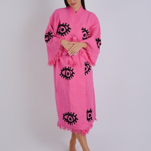 Handmade Evil Eye Boho Festival Kimono, Boho Beachwear, Bathrobe, Spa Robe, Barbie Pink Robe, Cardigan, Beachwear Cover up, Dressing gown image 2