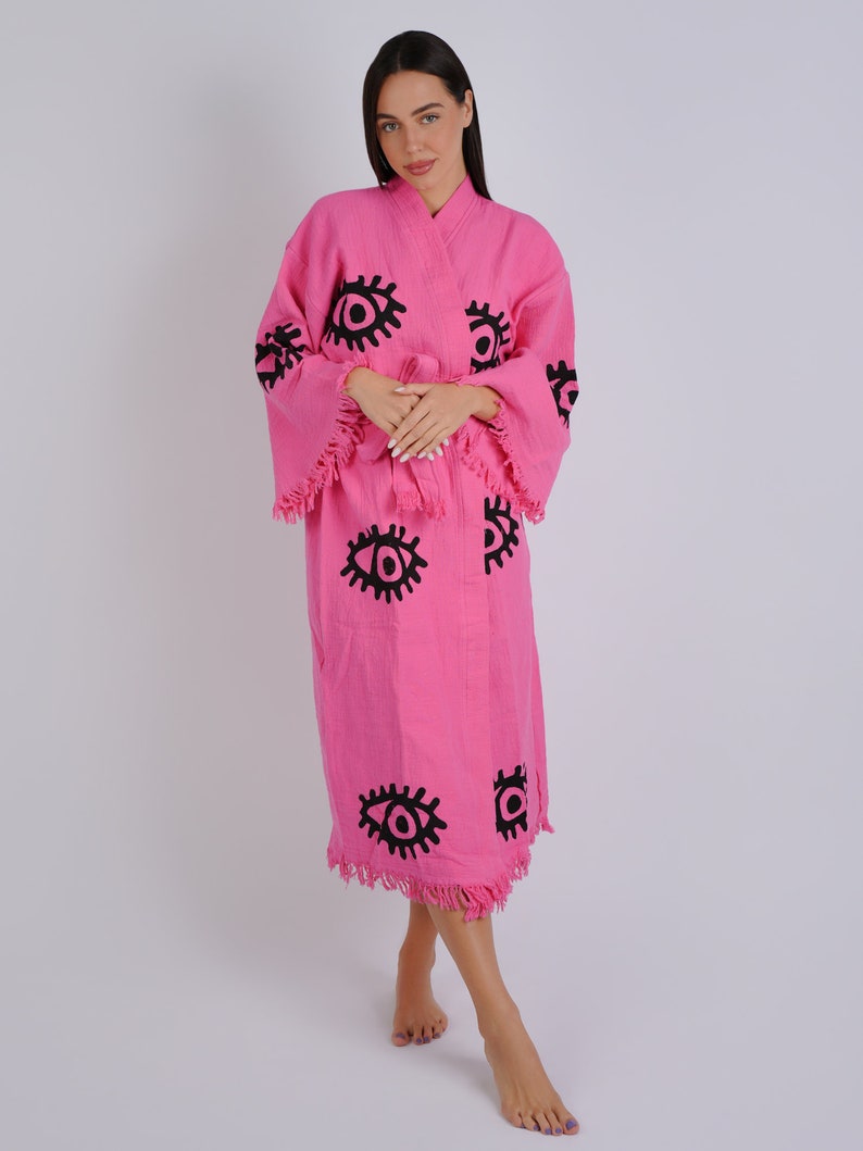 Handmade Evil Eye Boho Festival Kimono, Boho Beachwear, Bathrobe, Spa Robe, Barbie Pink Robe, Cardigan, Beachwear Cover up, Dressing gown image 2